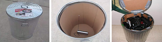 Line the trash can with cardboard (or carpet padding), including the 