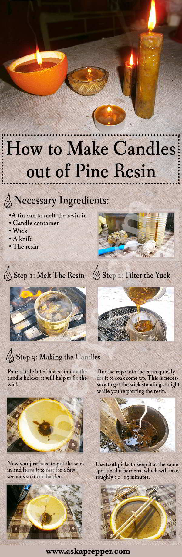 DIY step by step Candles out of Pine Resin Infografic AKSAPREPPER