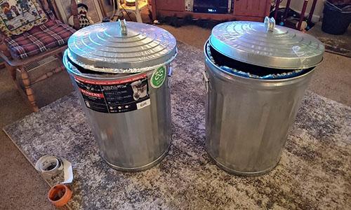 Although my carpet pad barrier looks loose at the top, it helps seal around the top of the lid around the pad lining the lid. The day you decide to seal around the top of the lids with foil tap. Both insulators (upon testing) are solid faraday cages.