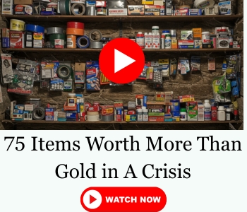 Shelves with diverse products and a headline saying 75 items worth more than gold in a crisis