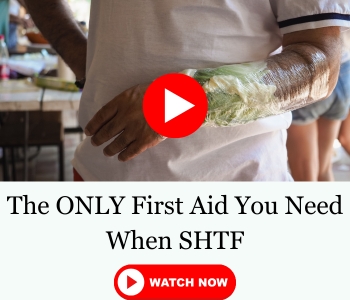 Banner saying The Only First Aid Kit You need when shtf and a picture with a man who's hand is wrapped in lettuce and seran wrap