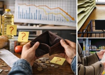 Cover photo showing a man with an empty wallet, empty supermarket shelves and grocery receipts