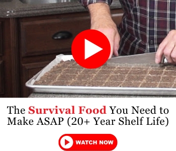 Banned showing a man making food. Headline - The survival food you need to make asap 20+ year shelf life
