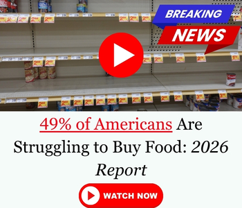 Empty shelves in an American Supermarket as cover for a banner about some latest news on how 49% of americans are struggling to buy food