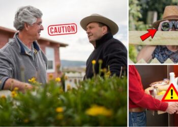 Cover for the article What your neighbors do first in a crisis representing neghbors talking, spying and be given food. Danger sign and caution sign in the cover