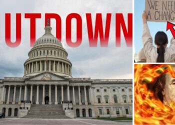 Cover photo showing the government building, the word shutdown, and in the right side 2 more pictures with a protester and the benjamin dollar burning