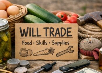 Picture with trading products and bartering such as eggs, pickles, fresh vegetables, money etc