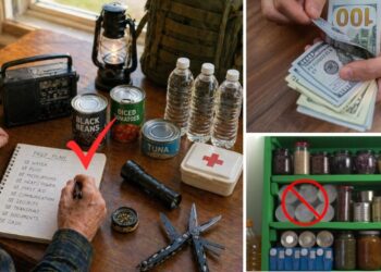 Cover photo divided in 3 - first picture shows a senior making a prepping list, second show money USD and the third is a pantry with a forbidden sign.