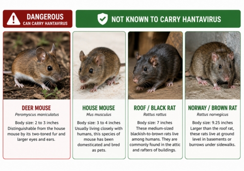 Infographic showing which rodents can carry hantavirus. The deer mouse is marked as dangerous because it can carry hantavirus, while the house mouse, roof rat, and Norway rat are shown as not known to carry the virus.